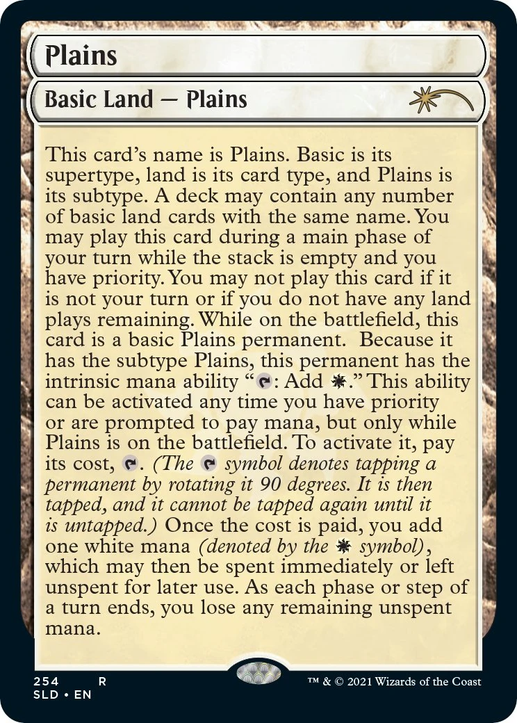 A basic Plains resource card from Magic: The Gathering,
        featuring all the rules text that the card implies