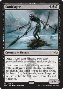 The card Soulflayer from Magic: The Gathering, depicting the
        keyword mechaic Delve, as well as many others.